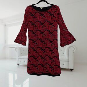 NWT Red Floral Lace Bell Sleeve Dress | Lined | Romantic Stretchy Fit | Size L